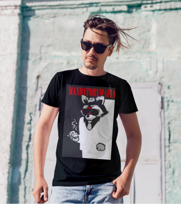 MANDATORY MAFIA RACCOON WITH COFFEE IN SUIT AND SUNGLASSES T-Shirt
