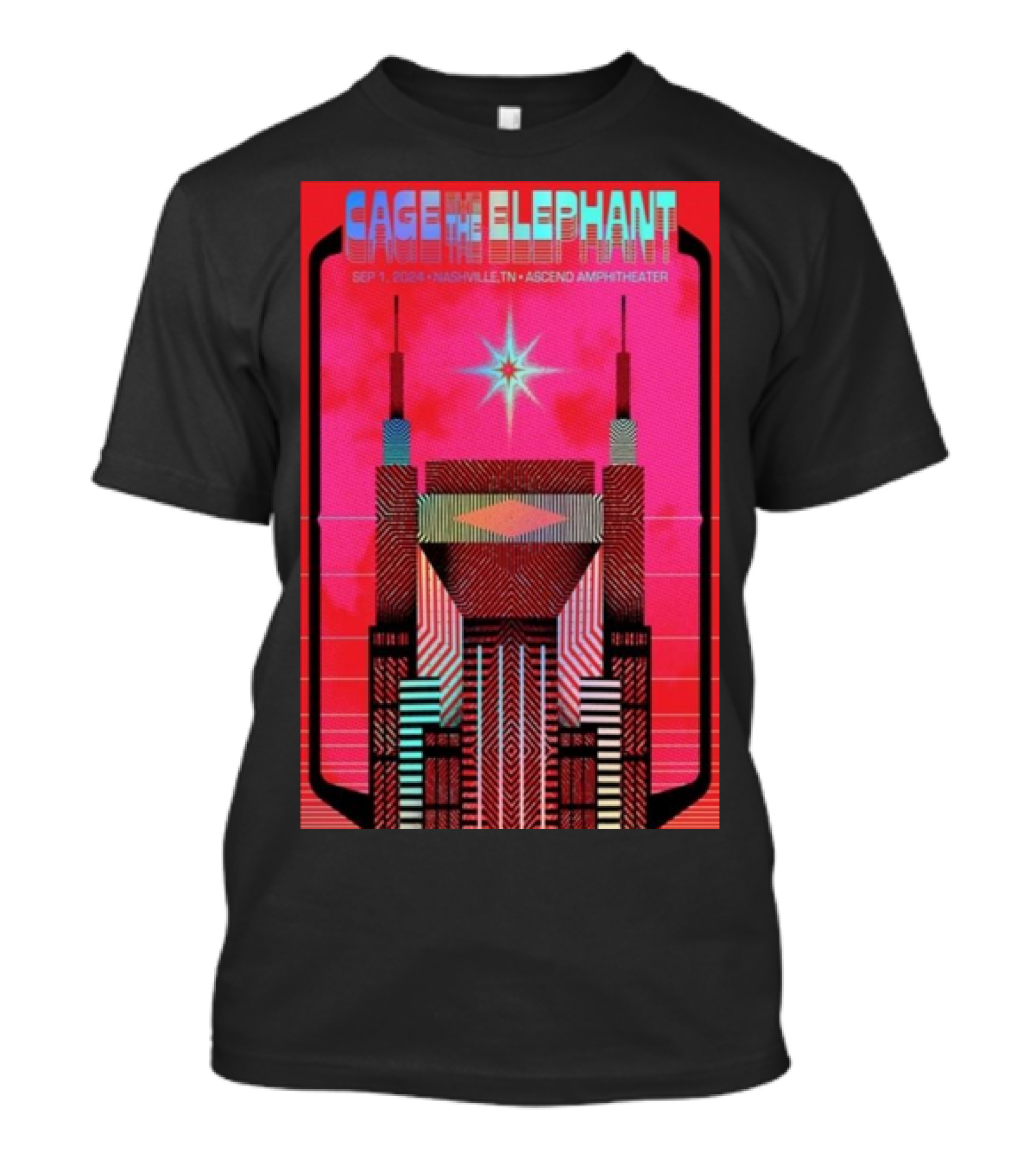 Cage The Elephant Neon Pill Tour September 1 2024 Nashville TN Ascend Amphitheater Retro Skyline T-Shirt