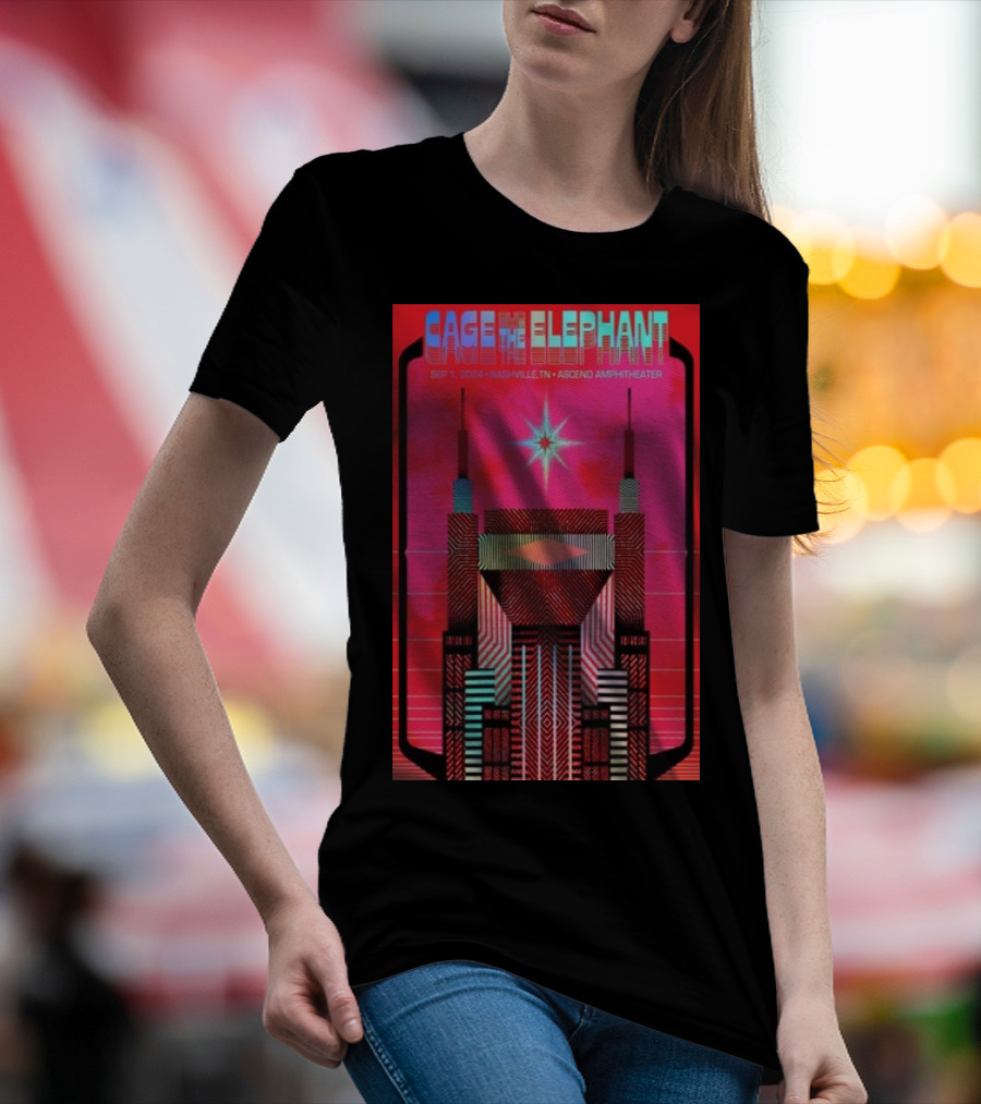 Cage The Elephant Neon Pill Tour September 1 2024 Nashville TN Ascend Amphitheater Retro Skyline T-Shirt