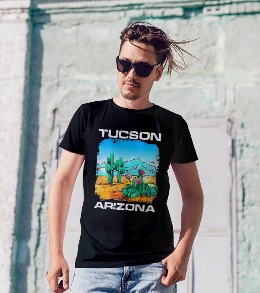 Tucson Arizona Retro Desert Scene With Cactus And Mountains T-Shirt