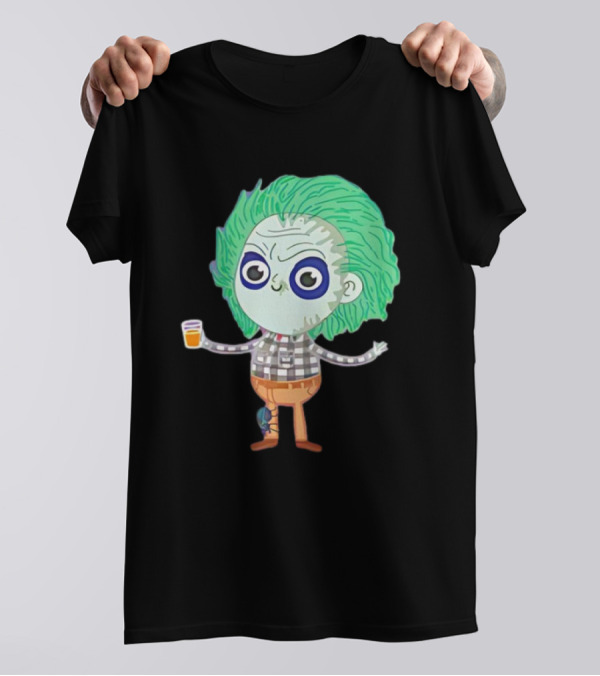 Beetlejuice Ghost Exorcist Cartoon Character With Drink T-Shirt