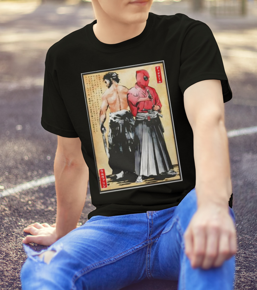 Mutant Samurai And Red Ronin Deadpool Wolverine Woodblock T-Shirt