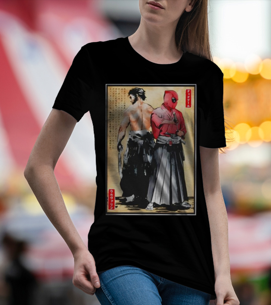 Mutant Samurai And Red Ronin Deadpool Wolverine Woodblock T-Shirt