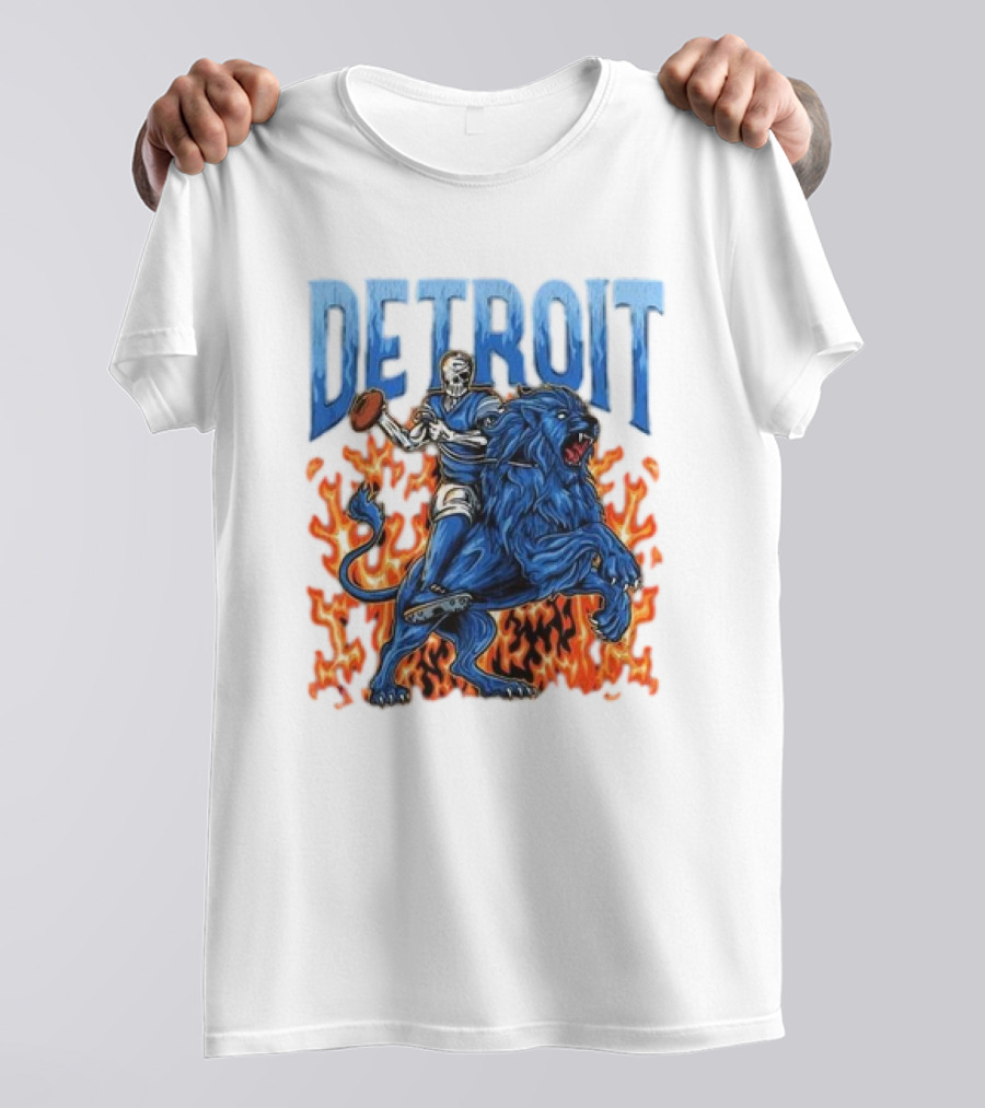 Detroit Lions Skeleton Quarterback Riding Flaming Blue Lion T-Shirt