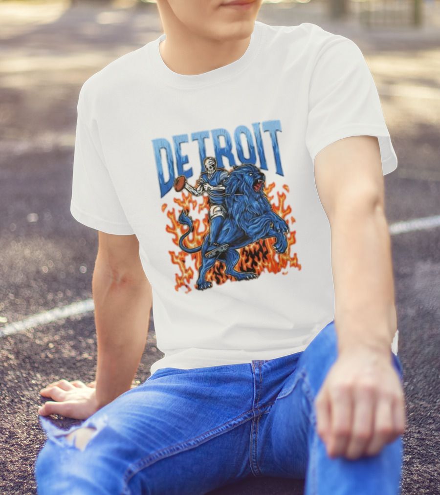 Detroit Lions Skeleton Quarterback Riding Flaming Blue Lion T-Shirt