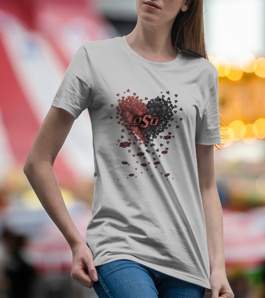 OSU Oklahoma State Cowboys Heart Design Filled With Red And Gray Hearts T-Shirt