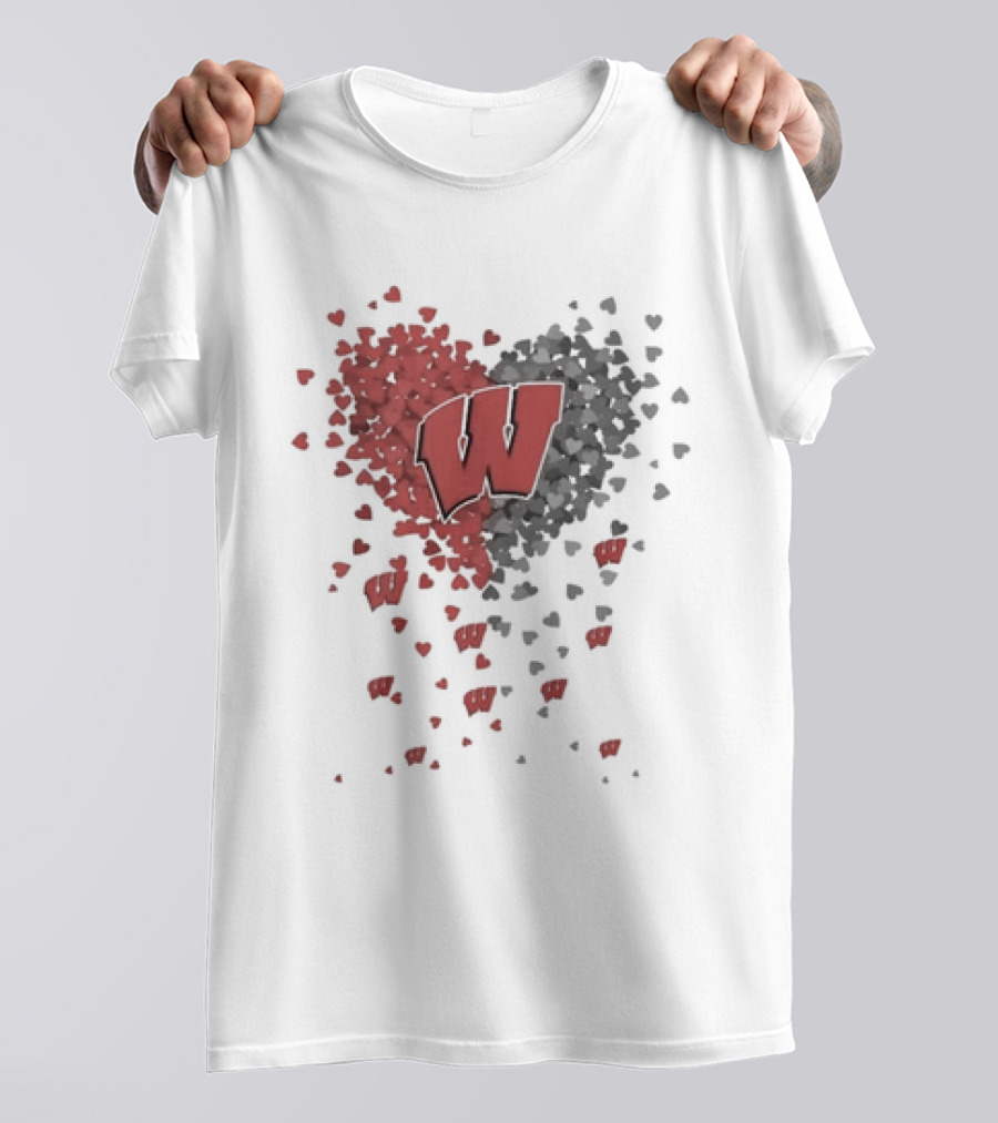 Heart Full Of Wisconsin Badgers Logo With Falling Hearts T-Shirt