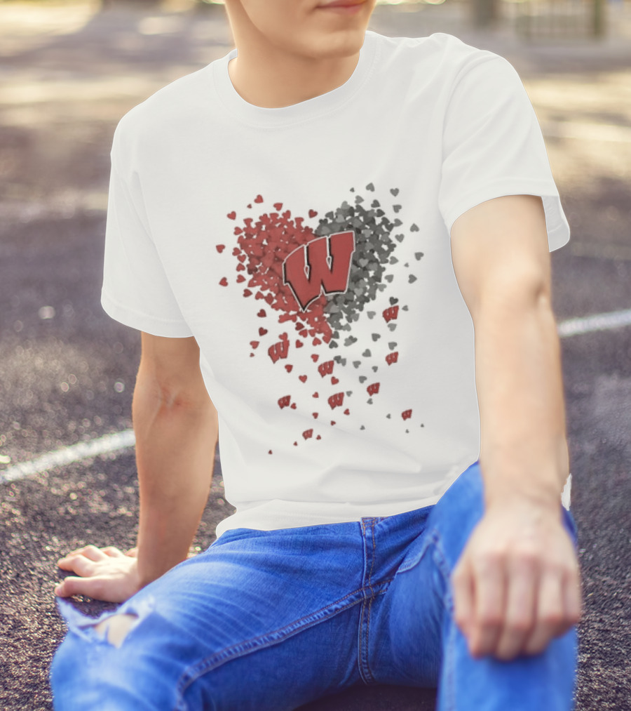Heart Full Of Wisconsin Badgers Logo With Falling Hearts T-Shirt