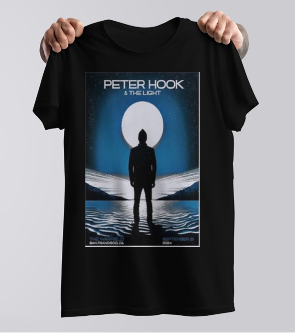 Peter Hook And The Light September 21 2024 The Warfield San Francisco CA Silhouette Against Full Moon And Water Landscape T-Shirt