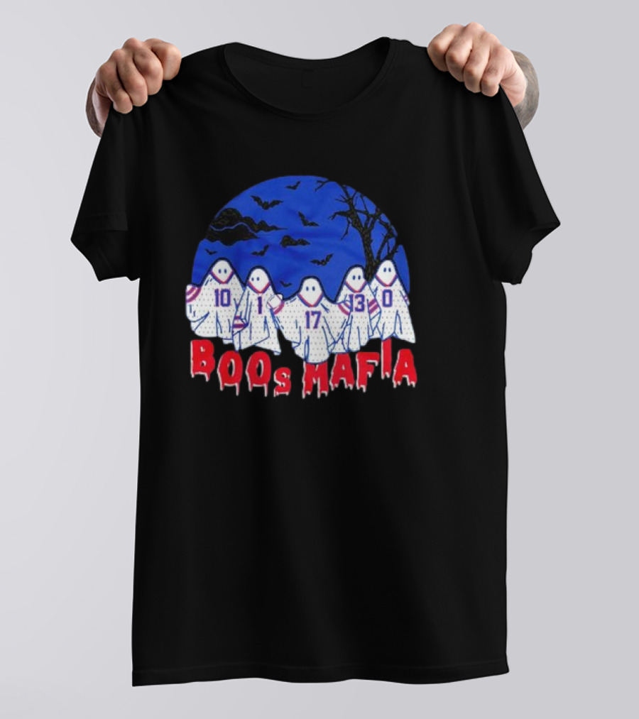 Buffalo Bills Boos Mafia Halloween Ghost Players With Bats And Trees T-Shirt