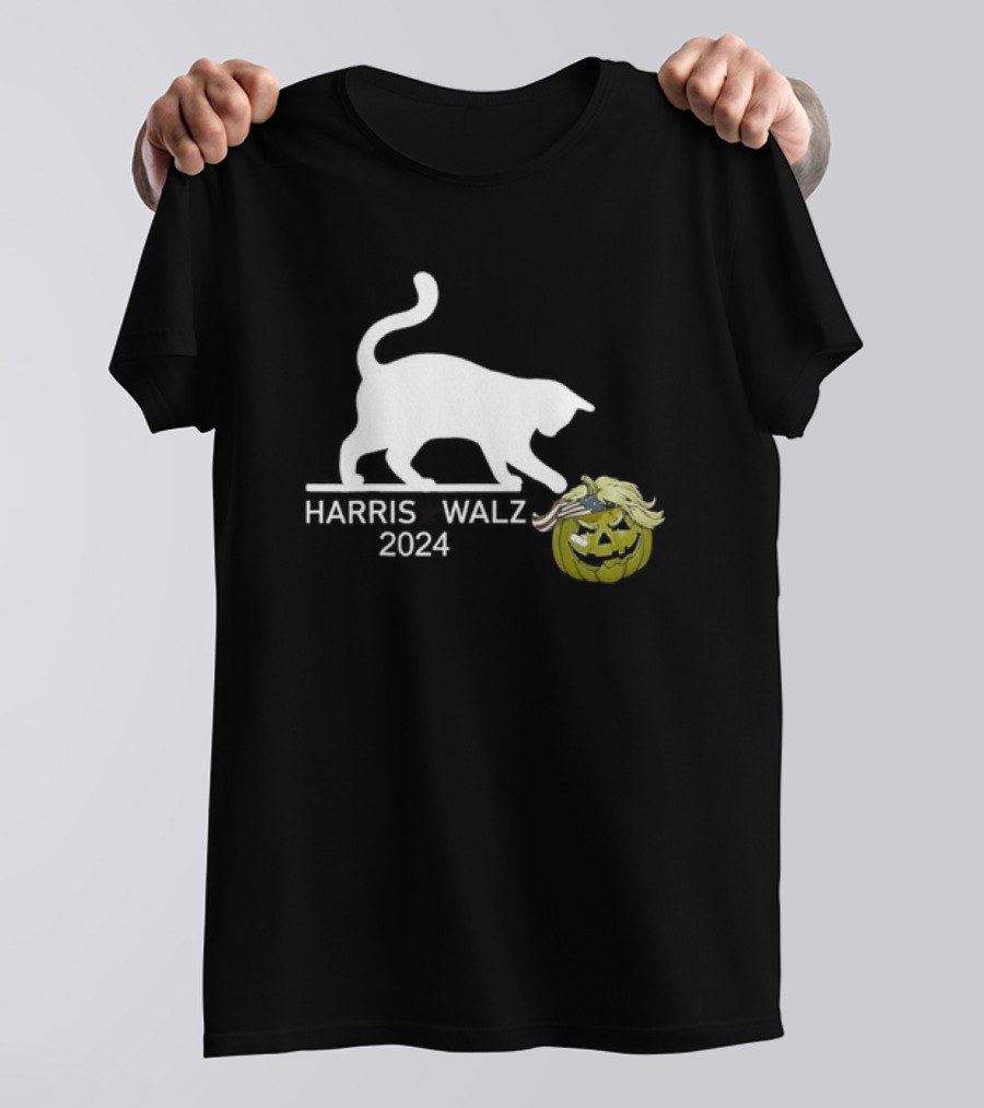 Cat Ladies For Harris Walz 2024 Funny Trump Hair Pumpkin T-Shirt