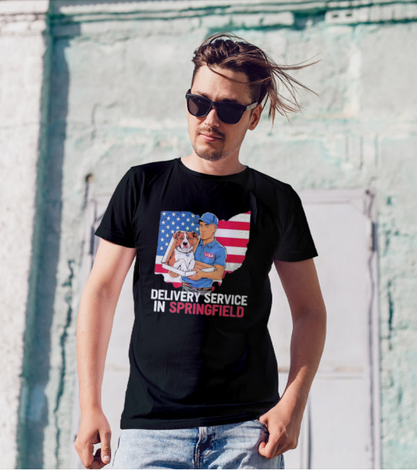 Delivery Service In Springfield USA Dog Parcel Ohio Flag Background T-Shirt