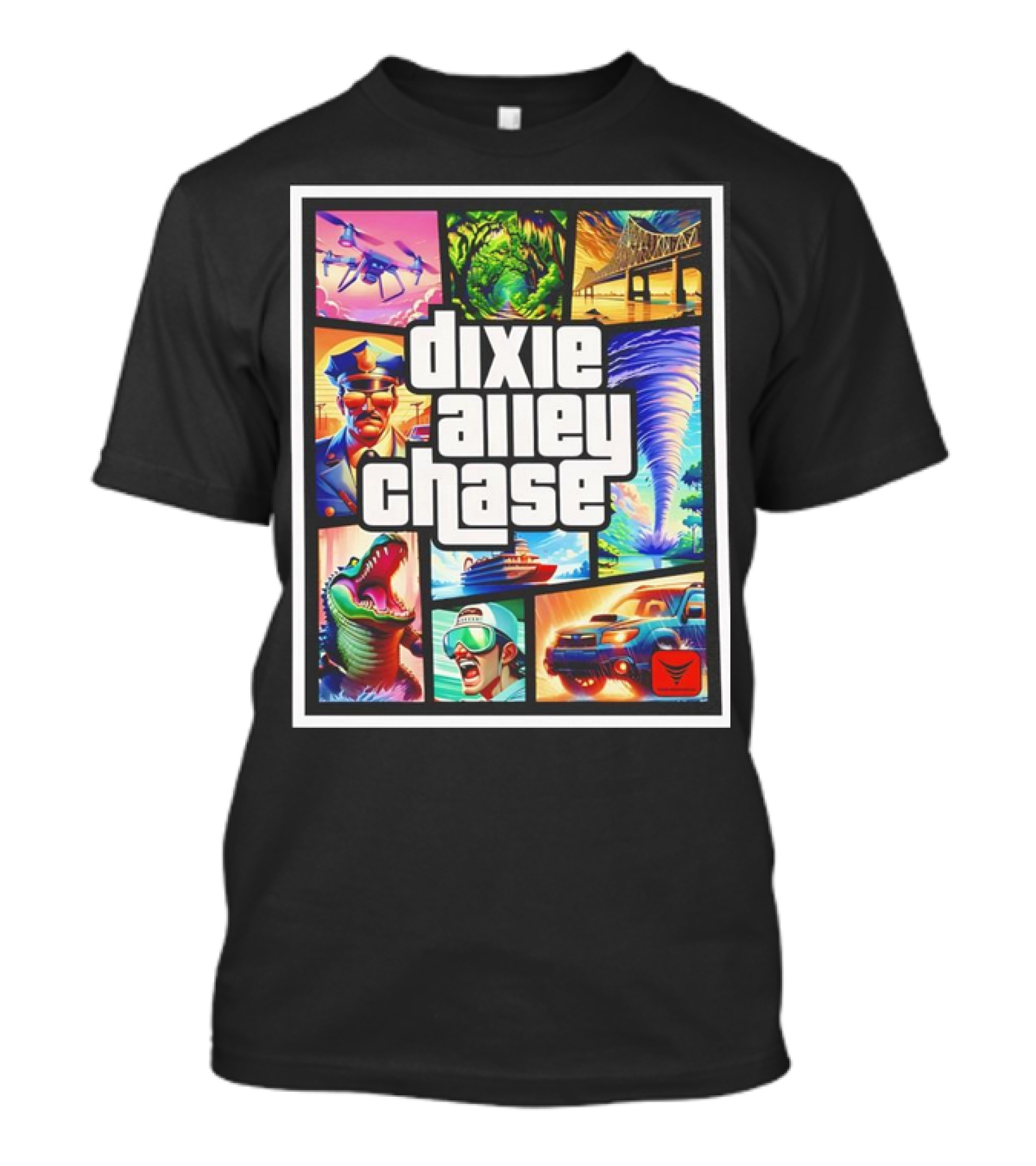 Dixie Alley Chase Tornado Police Car Alligator Drone Adventure T-Shirt
