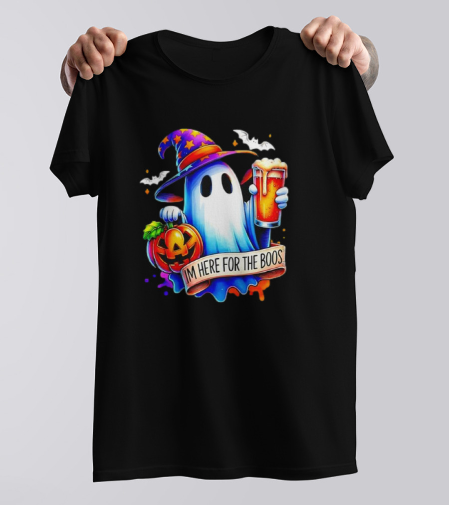 I'm Here For The Boos Ghost With Pumpkin And Beer Halloween T-Shirt