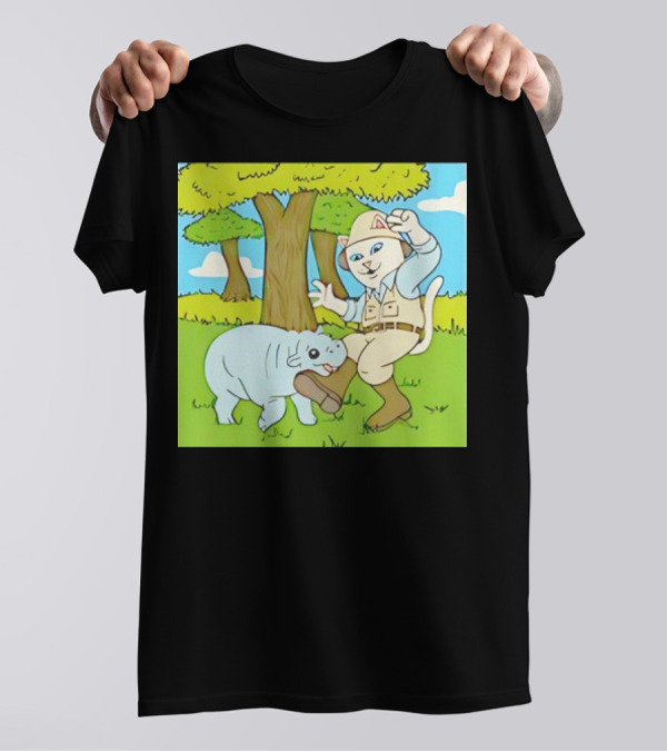 Moodeng Don't Get Bit Safari Cat And Hippopotamus Adventure T-Shirt