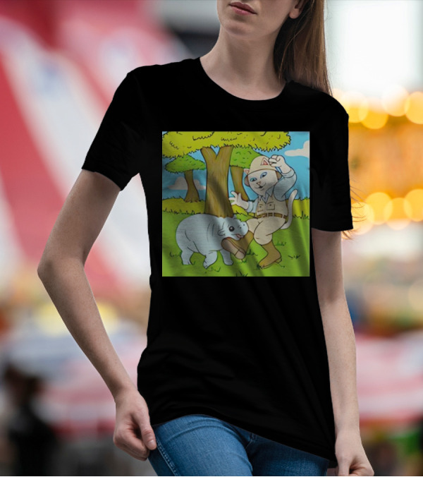 Moodeng Don't Get Bit Safari Cat And Hippopotamus Adventure T-Shirt