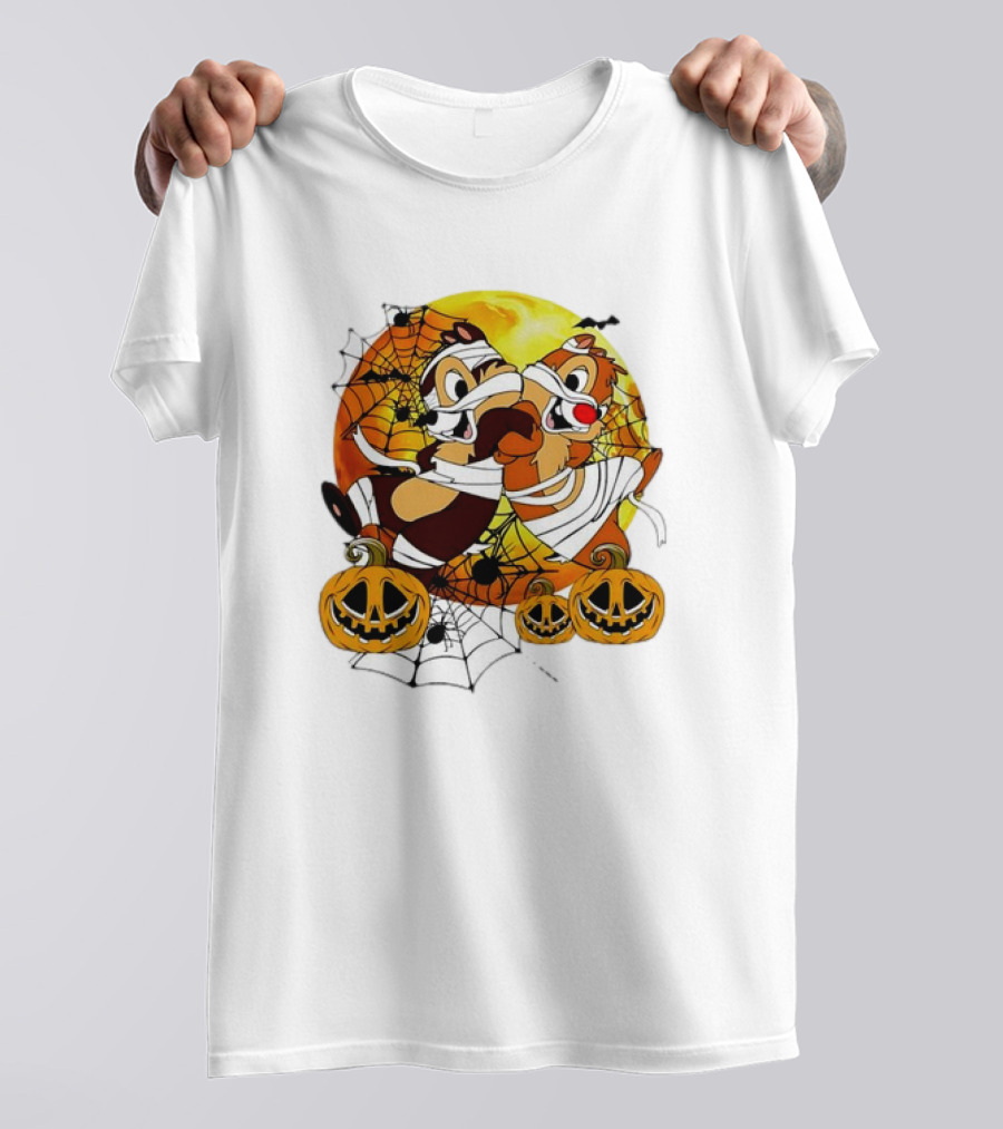 Chip And Dale Mummy Halloween Double Trouble With Pumpkins And Spiderwebs T-Shirt