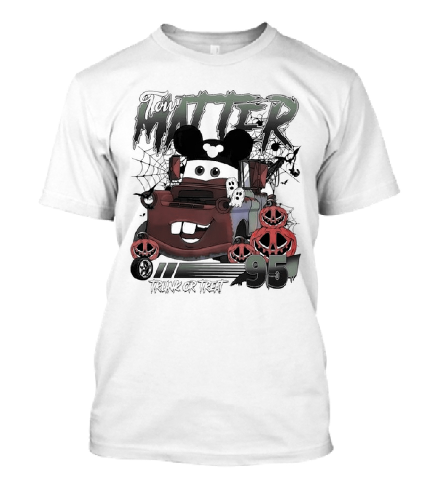 Tow Mater 95 Trunk Or Treat Halloween Cartoon With Mickey Mouse Ears And Spider Webs T-Shirt