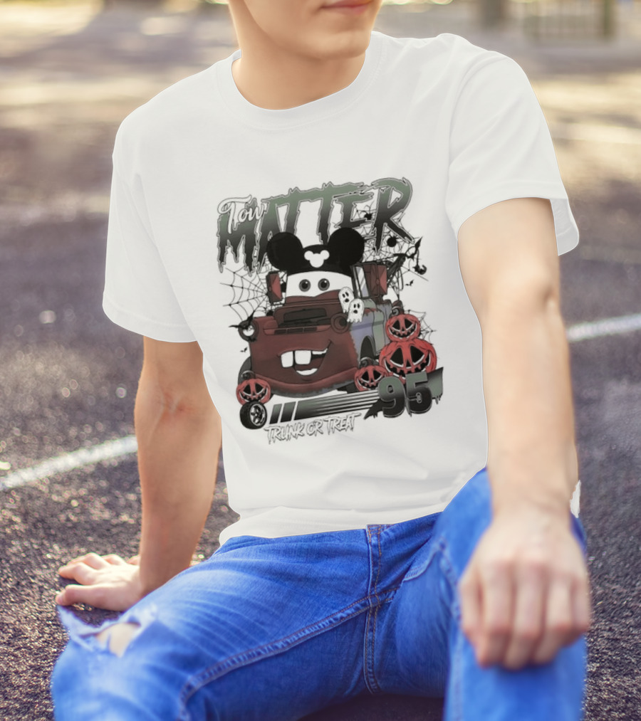 Tow Mater 95 Trunk Or Treat Halloween Cartoon With Mickey Mouse Ears And Spider Webs T-Shirt