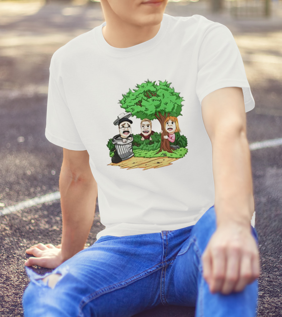 Artem Potokin Little Me Cartoon Characters Hiding Behind Tree And Trash Can T-Shirt