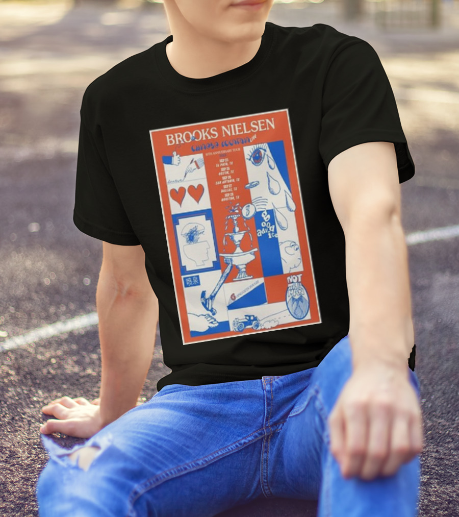 Brooks Nielsen Chinese Fountain 10th Anniversary Tour With Hearts Teardrop Faces And Not That Man Icons T-Shirt