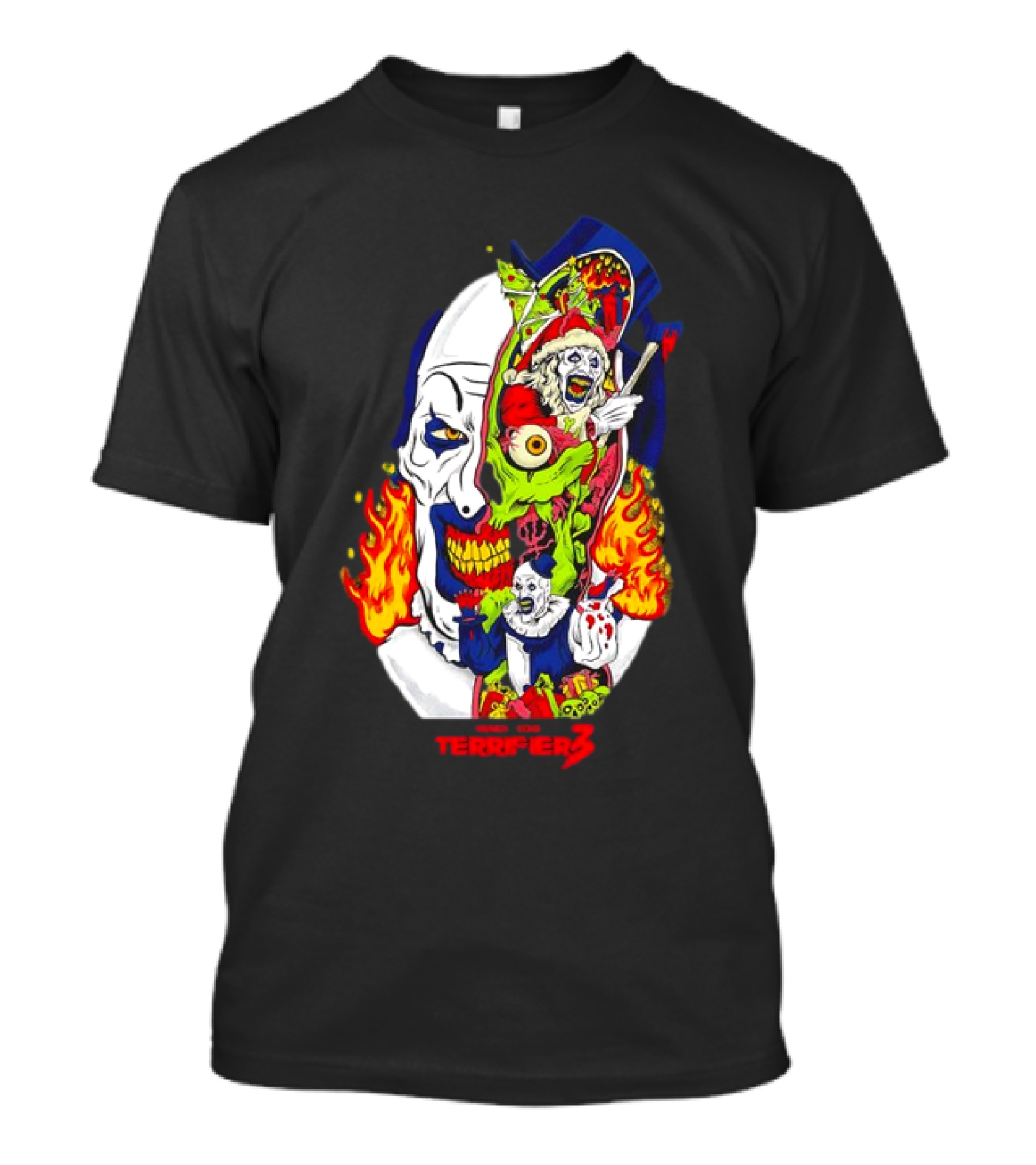 Damien Leone’s Terrifier 3 Clown Mask Horror Flaming Skull Comic T-Shirt