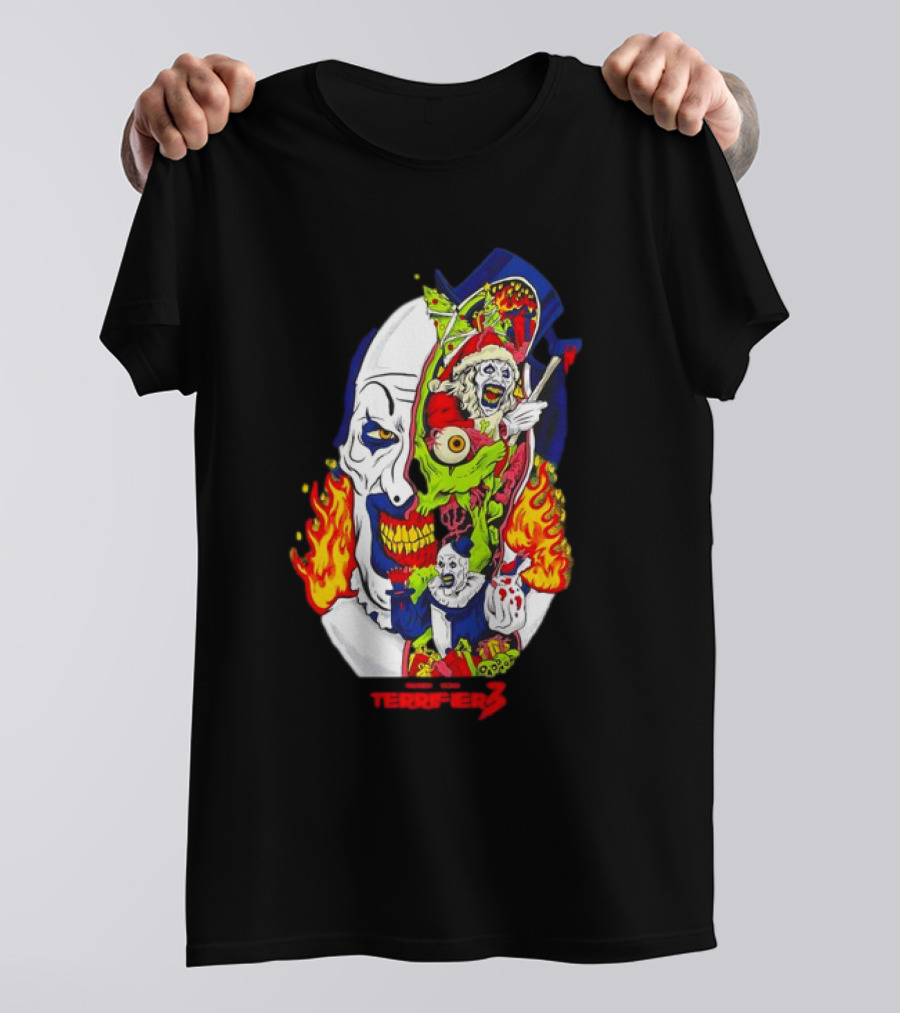 Damien Leone’s Terrifier 3 Clown Mask Horror Flaming Skull Comic T-Shirt