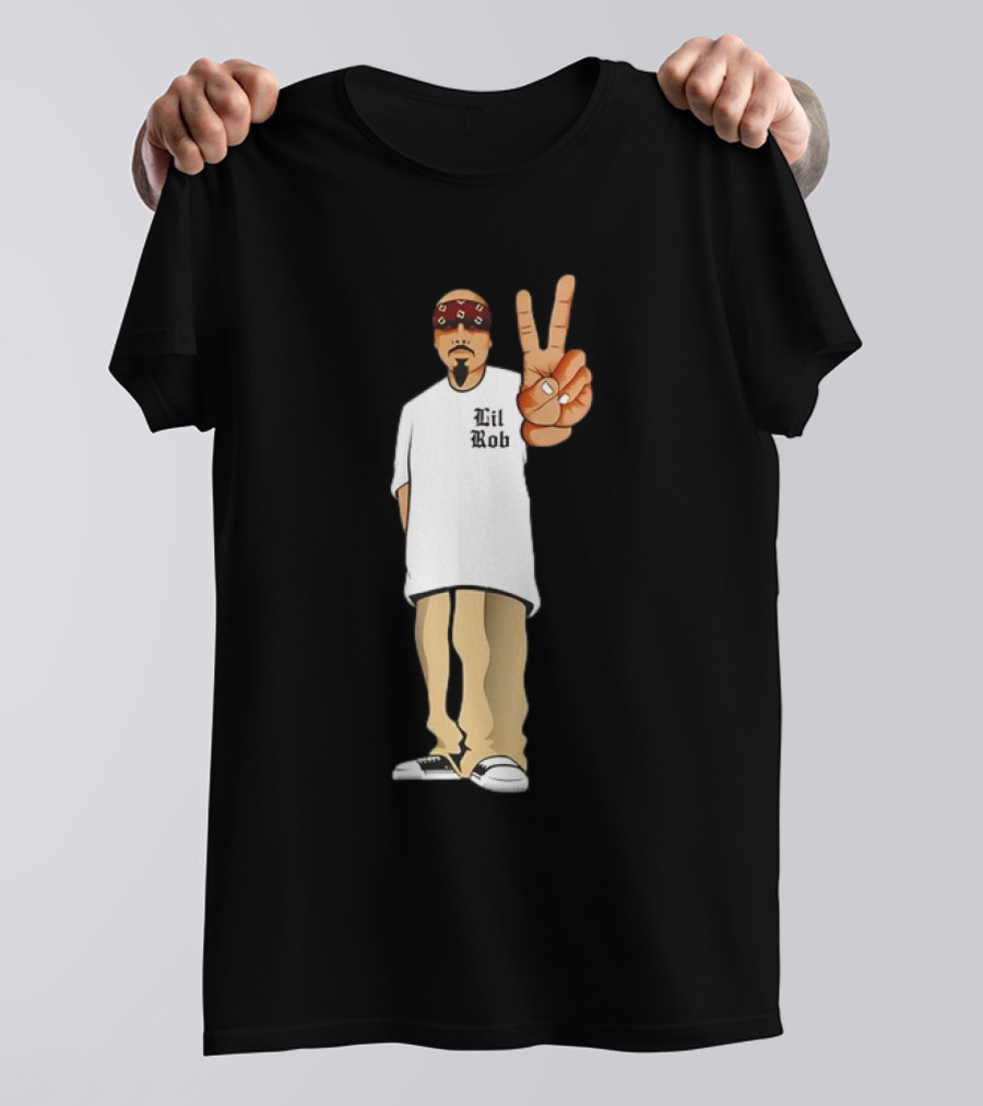 Lil Rob Peace Gesture Cartoon Character With Headband And Bearded T-Shirt