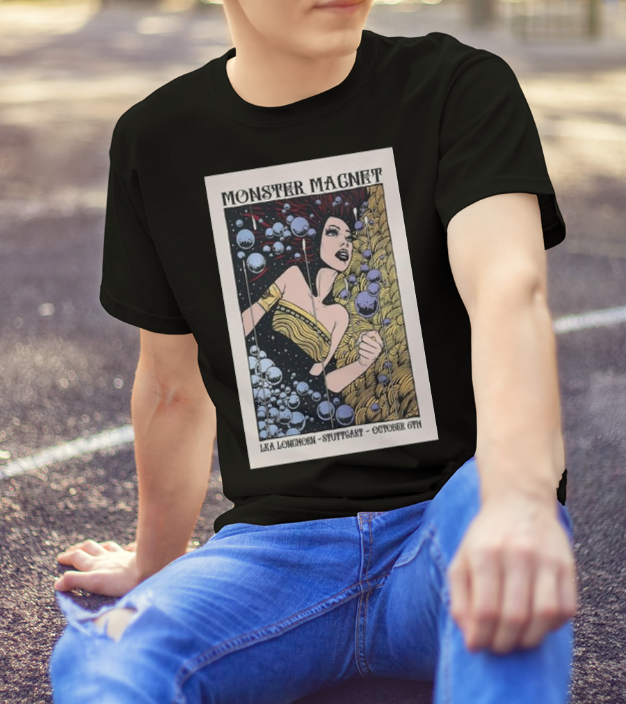 Monster Magnet LKA Longhorn Stuttgart October 6 2024 Tour Poster Art Deco Style Floating Bubbles And Woman T-Shirt