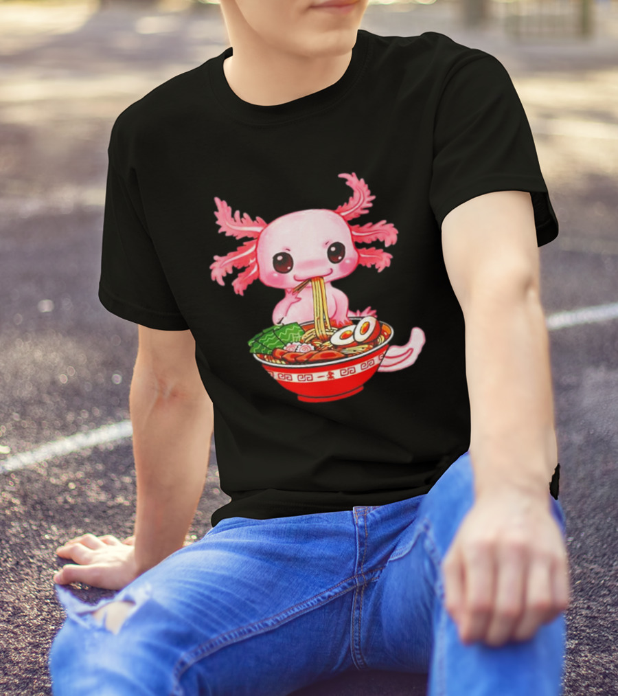 Axolotl Enjoying Cute Ramen Bowl With Funny Expression T-Shirt