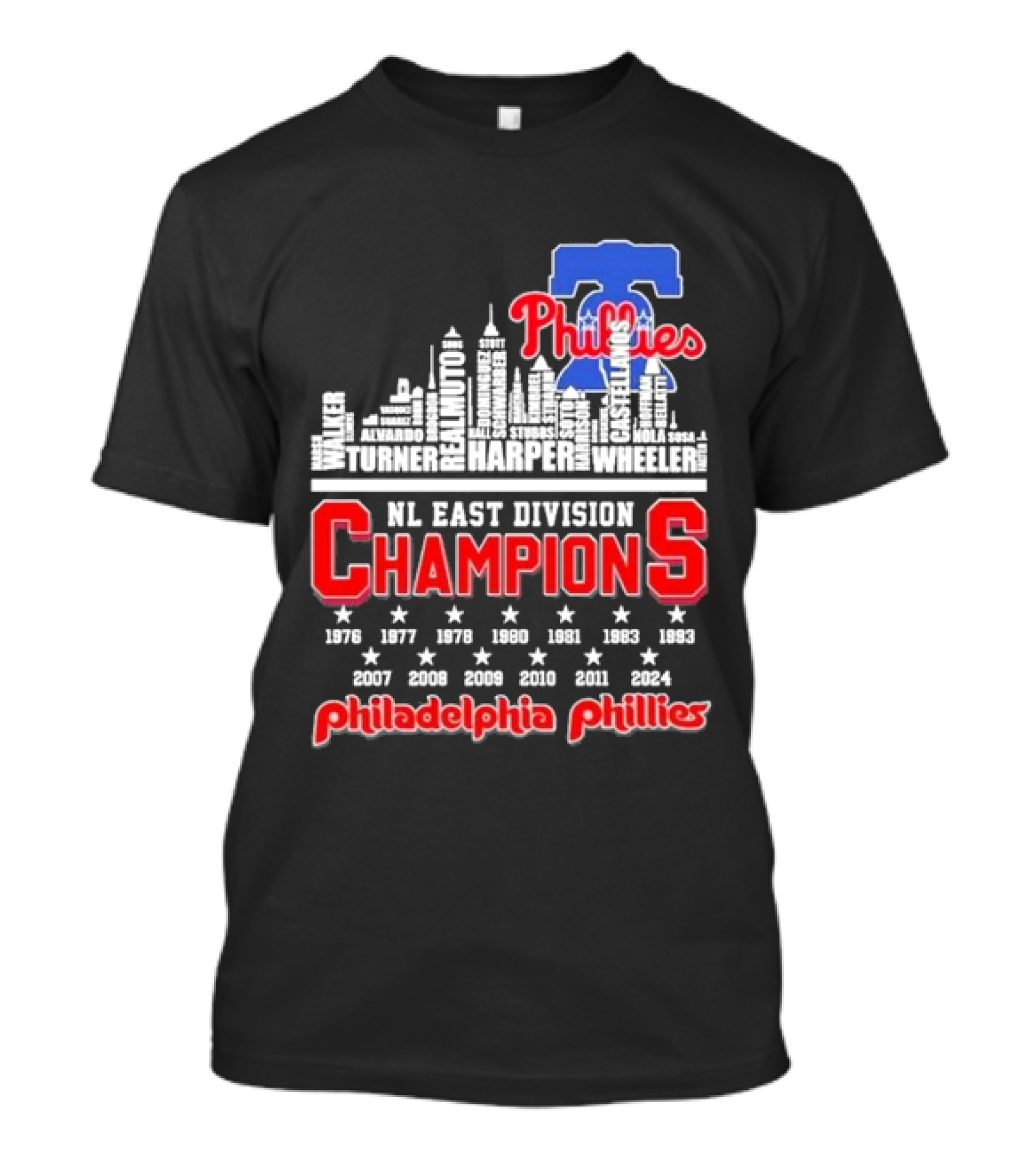Philadelphia Phillies 2024 NL East Division Champions Skyline Turner Realmuto Harper Wheeler T-Shirt