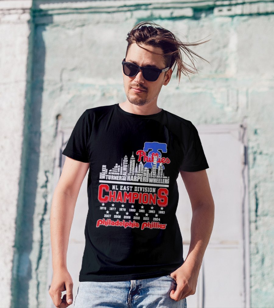 Philadelphia Phillies 2024 NL East Division Champions Skyline Turner Realmuto Harper Wheeler T-Shirt