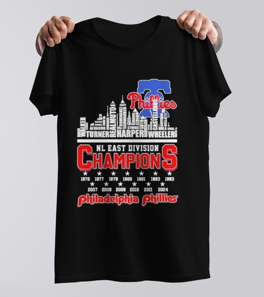 Philadelphia Phillies 2024 NL East Division Champions Skyline Turner Realmuto Harper Wheeler T-Shirt