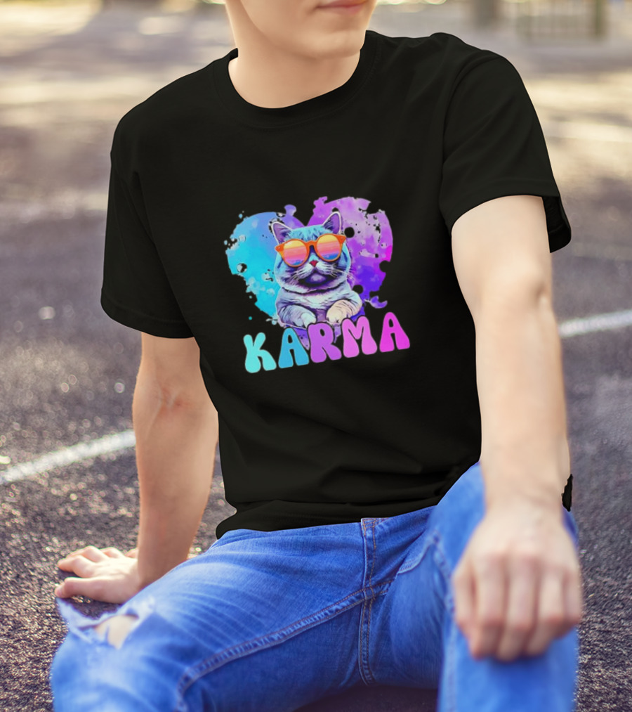 Cat Lover Karma Heart Shape Retro Sunglasses T-Shirt