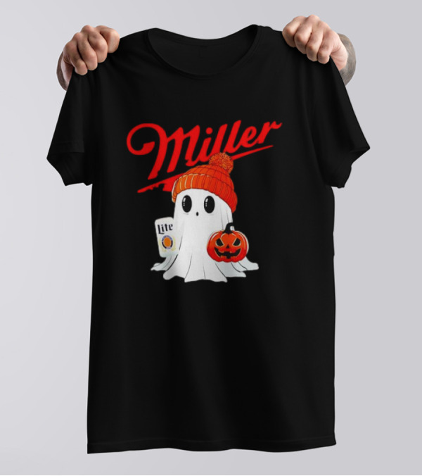 Halloween Miller Lite Ghost With Pumpkin And Beanie T-Shirt