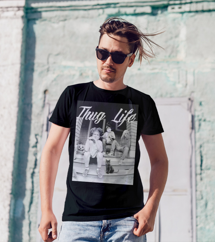 Hocus Pocus Thug Life Witchy Trio With Black Cat And Pumpkin Porch Scene T-Shirt
