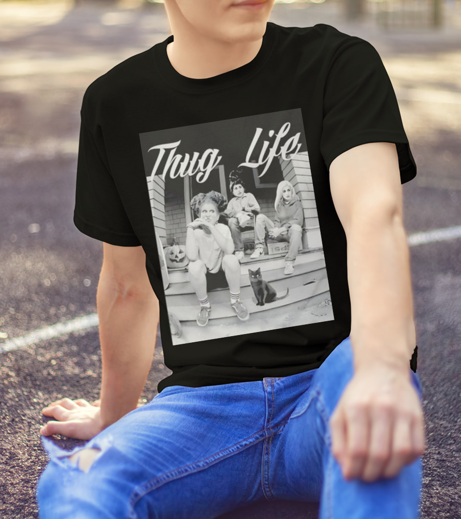 Hocus Pocus Thug Life Witchy Trio With Black Cat And Pumpkin Porch Scene T-Shirt