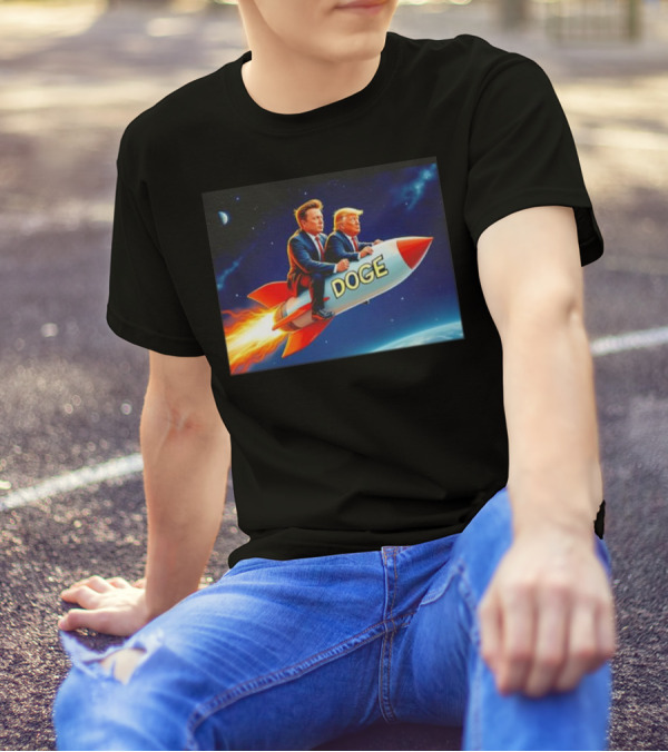 President Trump And Elon Musk Riding Doge Rocket To Mars T-Shirt
