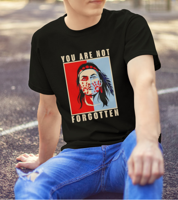 You Are Not Forgotten Awareness Native American Indian Red Handprint Feather Profile T-Shirt
