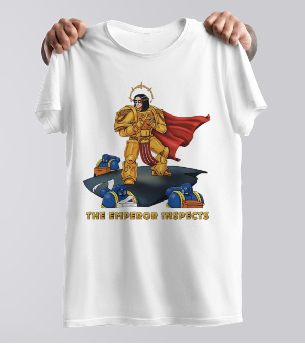 The Emperor Inspects Power Armor With Red Cape And Space Soldiers On Dark Platform T-Shirt
