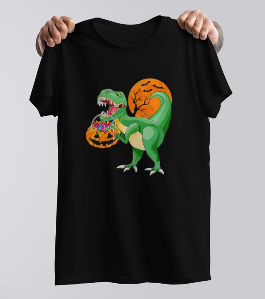 Halloween Dinosaur Pumpkin Scary Rex Cartoon Trick Or Treat Moon Bats T-Shirt