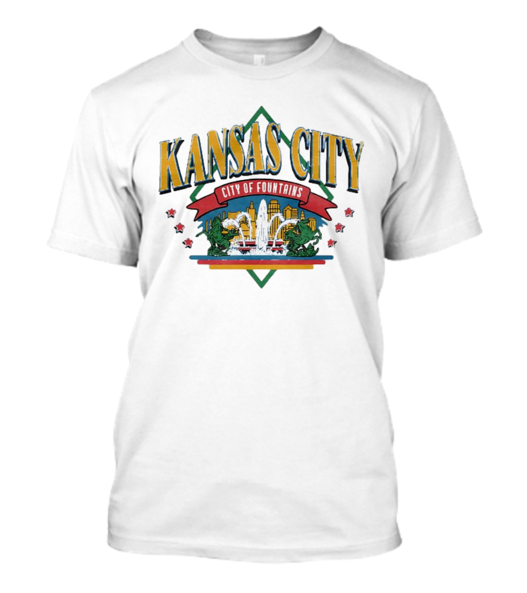 Kansas City City Of Fountains Skyline And Fountain With Dragons And Stars T-Shirt