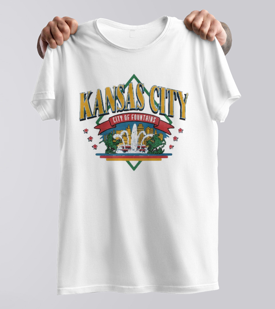 Kansas City City Of Fountains Skyline And Fountain With Dragons And Stars T-Shirt