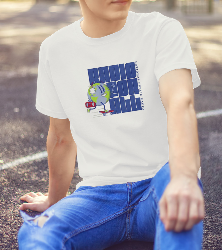 RADIO FOR ALL National Public Radio Cartoon Skateboarding Globe T-Shirt