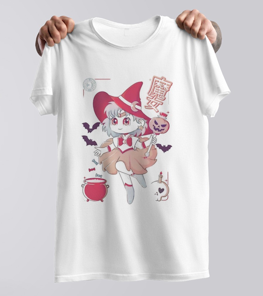 Sailor Witch Moon Magic Halloween Anime Girl With Bats And Cauldron T-Shirt