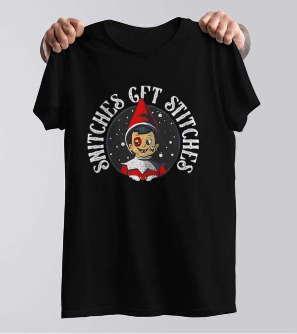 Snitches Get Stitches Christmas Elf With Black Eye And Snowflakes T-Shirt