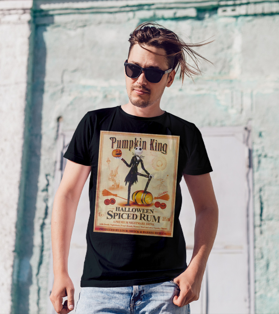 Pumpkin King Halloween Spiced Rum A Premium Nightmare Drink With Deadly Nightshade Frog's Breath Worm's Wort 35% Vol Produced By Lock Shock And Barrel Rum Co T-Shirt