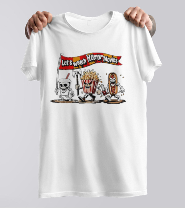 Let's Watch Horror Movies Halloween Popcorn Soda Hotdog Characters T-Shirt