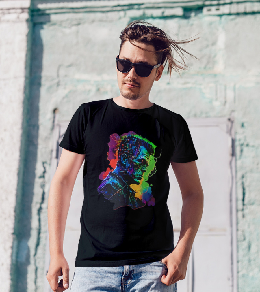 Cyberpunk Frankenstein Neon Circuit Profile T-Shirt