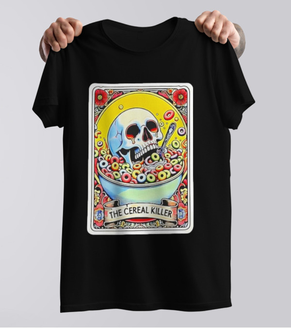 The Cereal Killer Tarot Card Skull Bowl With Colorful Cereal And Spoon T-Shirt